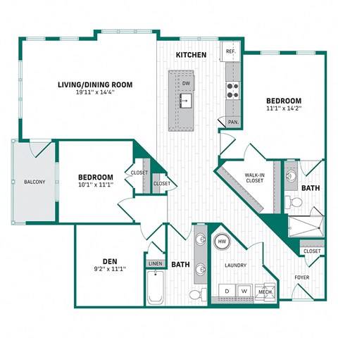 Floor plan for 2 beds, 2 baths, 1325 sqft